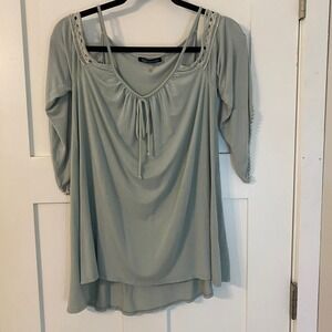 Bluheaven Women Sage Green Cold Shoulder Crochet Trim Bell Sleeve Boho Top S
